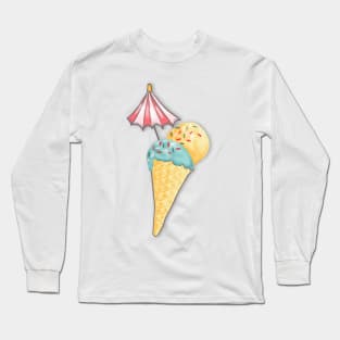 Ice cream waffles and cherries on light blue Long Sleeve T-Shirt